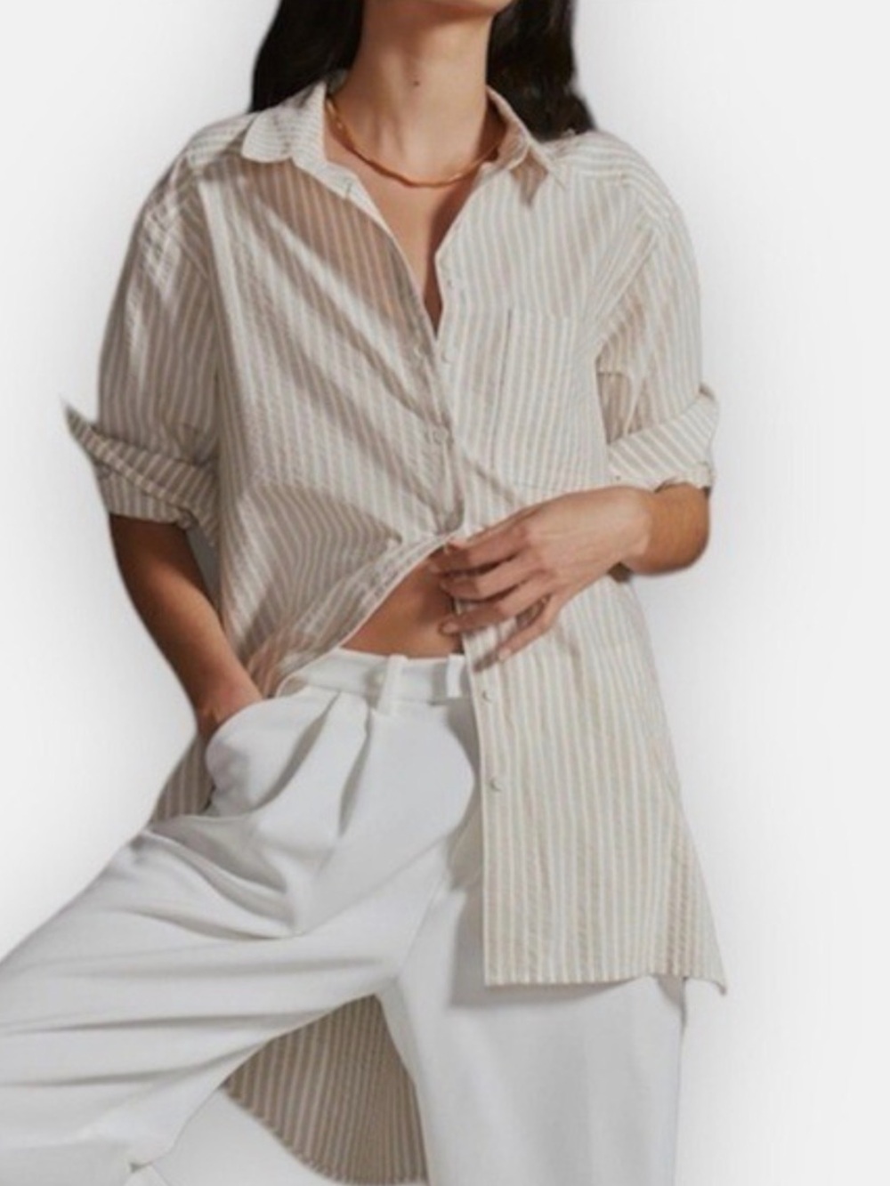 Striped Button-Down Shirt Tunic in Beige and White